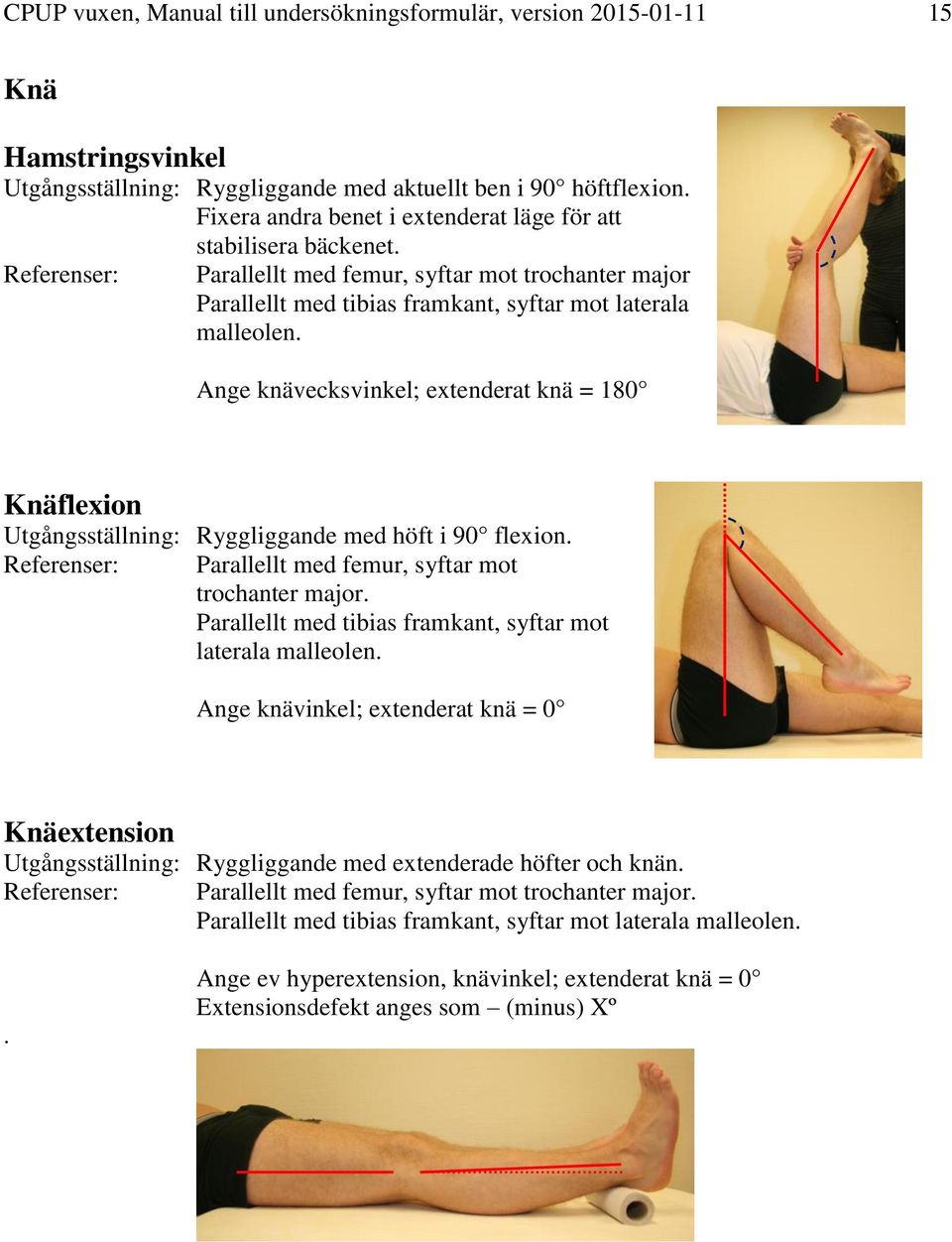 Ange knävecksvinkel; extenderat knä = 180 Knäflexion Utgångsställning: Ryggliggande med höft i 90 flexion. Referenser: Parallellt med femur, syftar mot trochanter major.