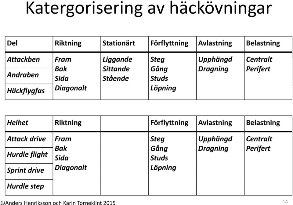 Dragning Centralt Perifert Helhet Riktning Förflyttning Avlastning Belastning Attack drive Hurdle flight