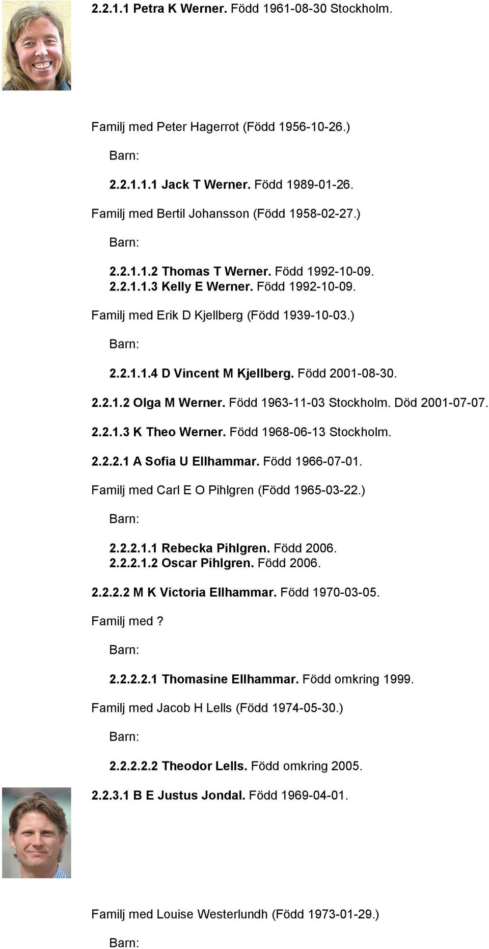 Född 1963-11-03 Stockholm. Död 2001-07-07. 2.2.1.3 K Theo Werner. Född 1968-06-13 Stockholm. 2.2.2.1 A Sofia U Ellhammar. Född 1966-07-01. Familj med Carl E O Pihlgren (Född 1965-03-22.) 2.2.2.1.1 Rebecka Pihlgren.