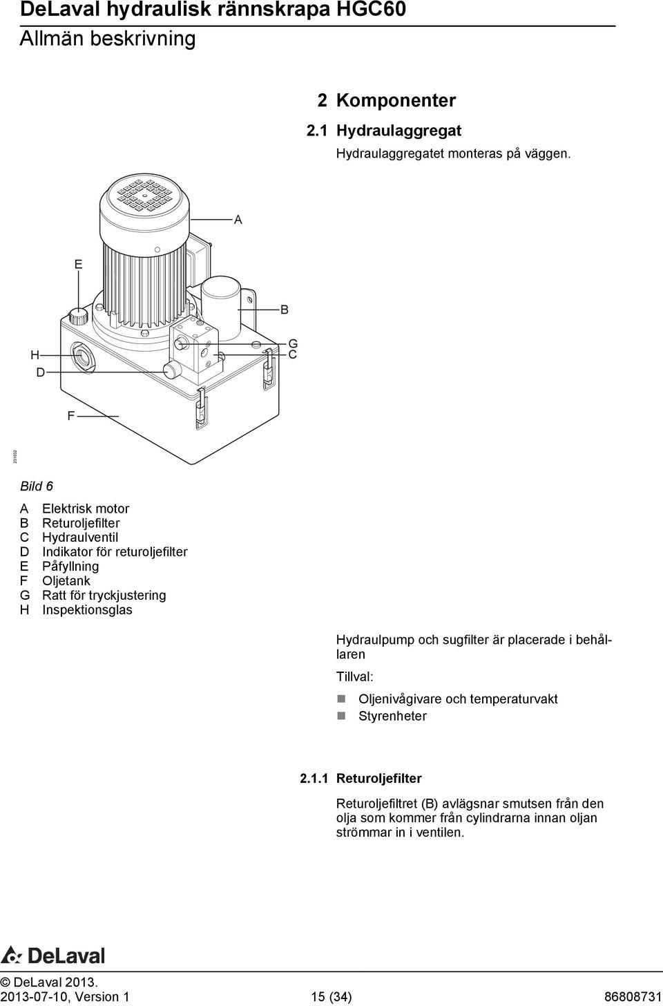 Ratt för tryckjustering H Inspektionsglas Hydraulpump och sugfilter är placerade i behållaren Tillval: Oljenivågivare och temperaturvakt