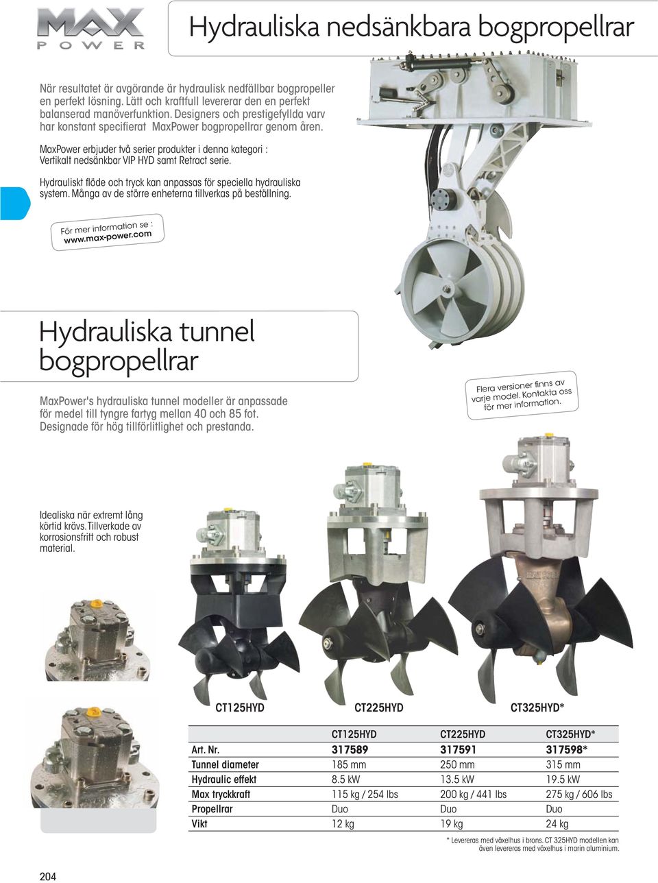 Hydrauliskt flöde och tryck kan anpassas för speciella hydrauliska system. Många av de större enheterna tillverkas på beställning. För mer information se : www.max-power.
