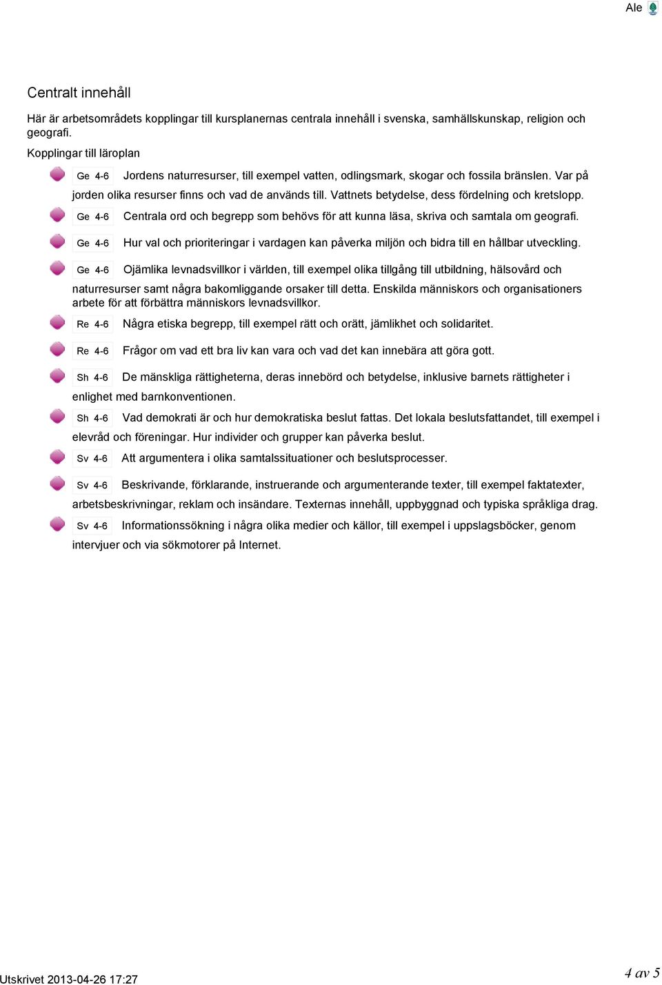 Centrala ord och begrepp som behövs för att kunna läsa, skriva och samtala om geografi. Hur val och prioriteringar i vardagen kan påverka miljön och bidra till en hållbar utveckling.