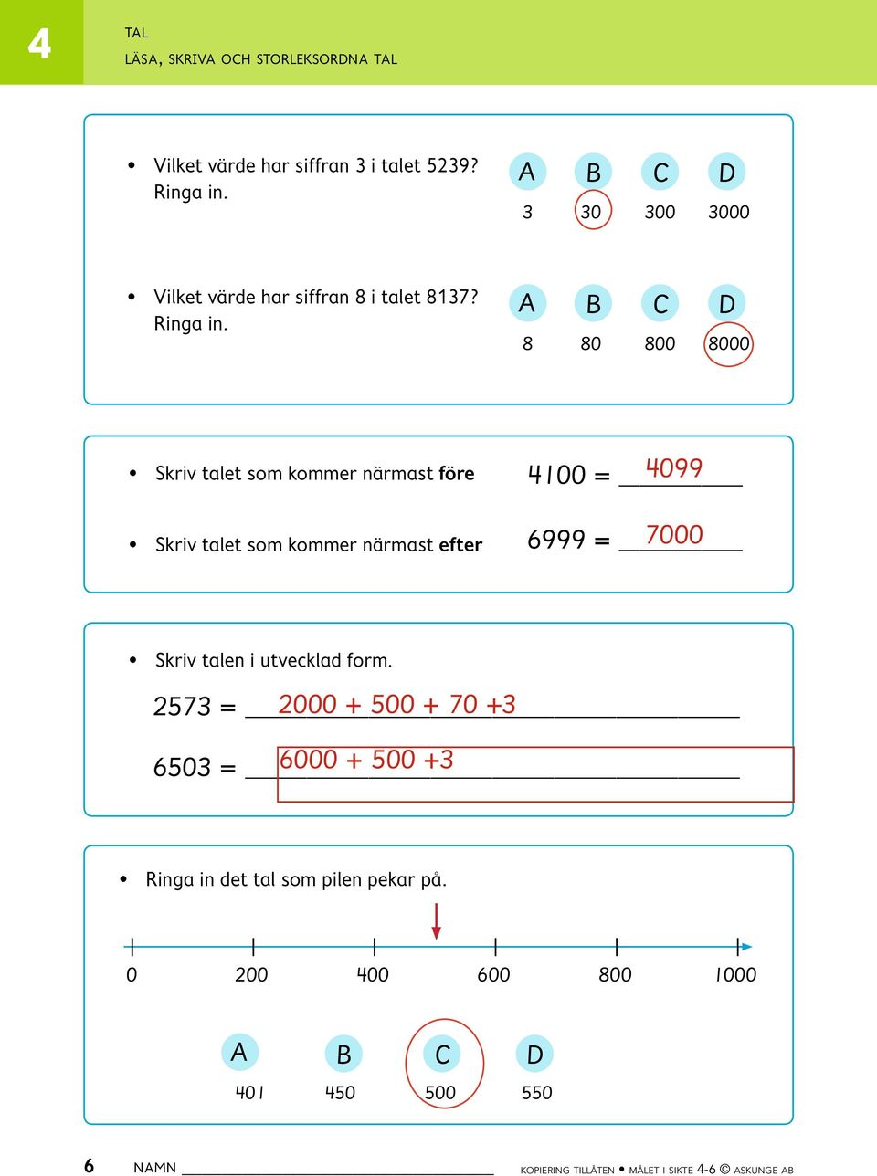 A B C D 8 80 800 8000 Skriv talet som kommer närmast före Skriv talet som kommer närmast efter 100 = 099 6999 = 7000 Skriv