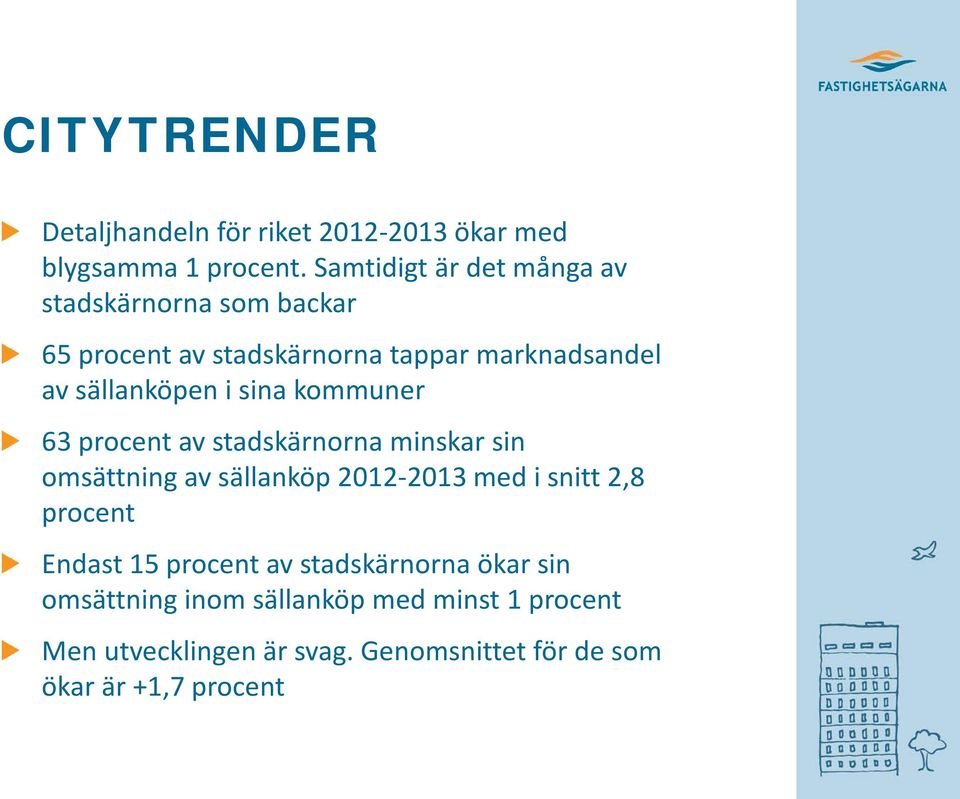 sina kommuner 63 procent av stadskärnorna minskar sin omsättning av sällanköp 2012-2013 med i snitt 2,8 procent