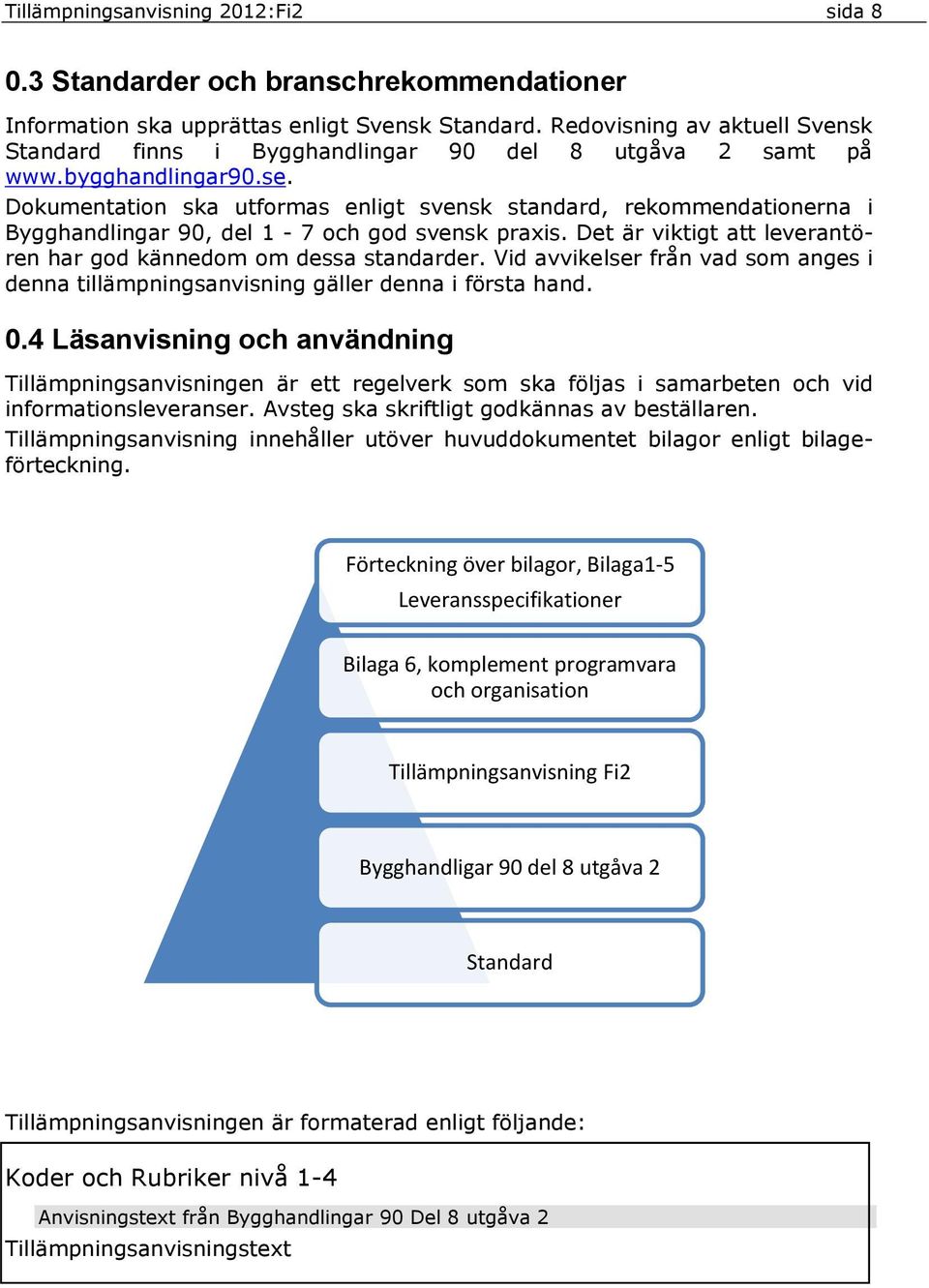 Dokumentation ska utformas enligt svensk standard, rekommendationerna i Bygghandlingar 90, del 1-7 och god svensk praxis. Det är viktigt att leverantören har god kännedom om dessa standarder.