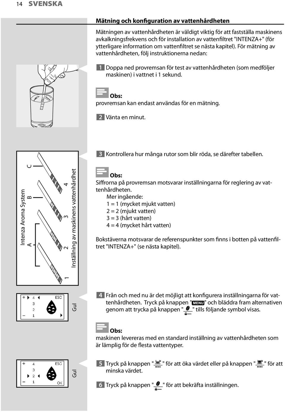 För mätning av vattenhårdheten, följ instruktionerna nedan: 1 Doppa ned provremsan för test av vattenhårdheten (som medföljer maskinen) i vattnet i 1 sekund.