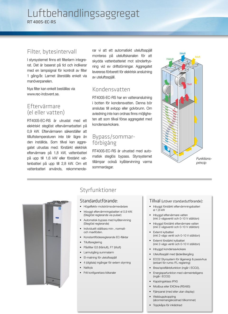 Eftervärmare (el eller vatten) RT4S-EC-RS är utrustat med ett elek triskt steglöst eftervärmarbatteri på,9 kw. Eftervärmaren säkerställer att tilllufts temperaturen inte blir lägre än den inställda.