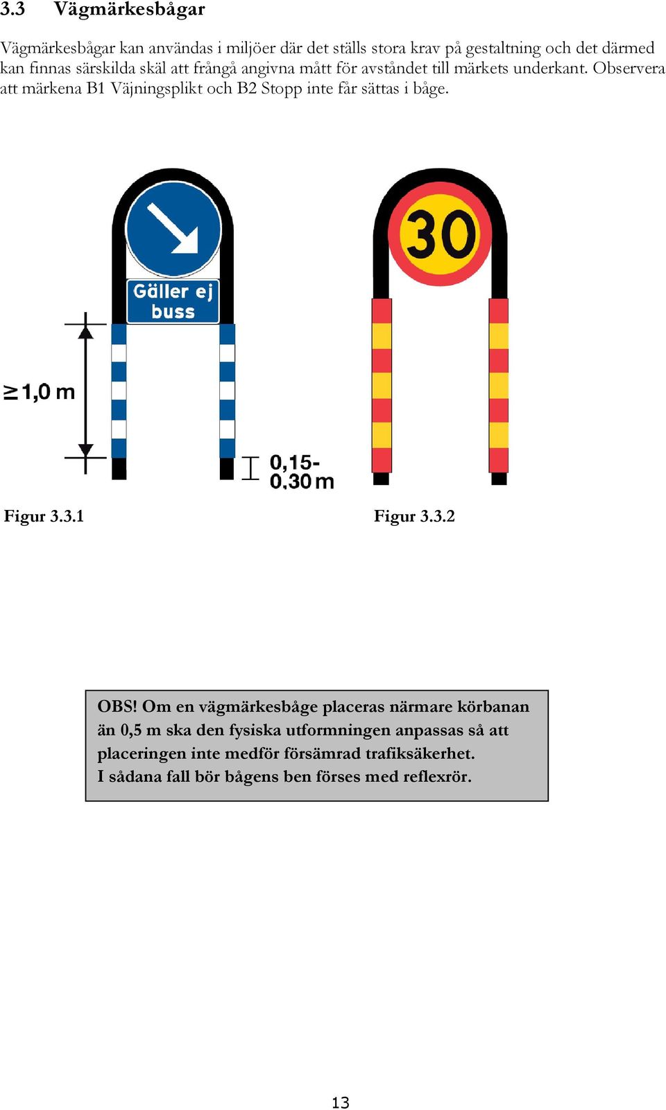 Observera att märkena B1 Väjningsplikt och B2 Stopp inte får sättas i båge. Figur 3.3.1 Figur 3.3.2 OBS!