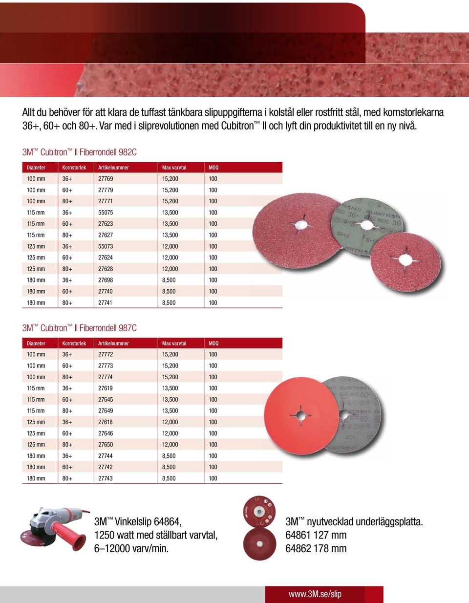 3M Cubitron II Fiberrondell 982C Diameter Kornstorlek Artikelnummer Max varvtal MOQ 1 mm 36+ 27769 15,2 1 1 mm 6+ 27779 15,2 1 1 mm 8+ 27771 15,2 1 115 mm 36+ 5575 13,5 1 115 mm 6+ 27623 13,5 1 115