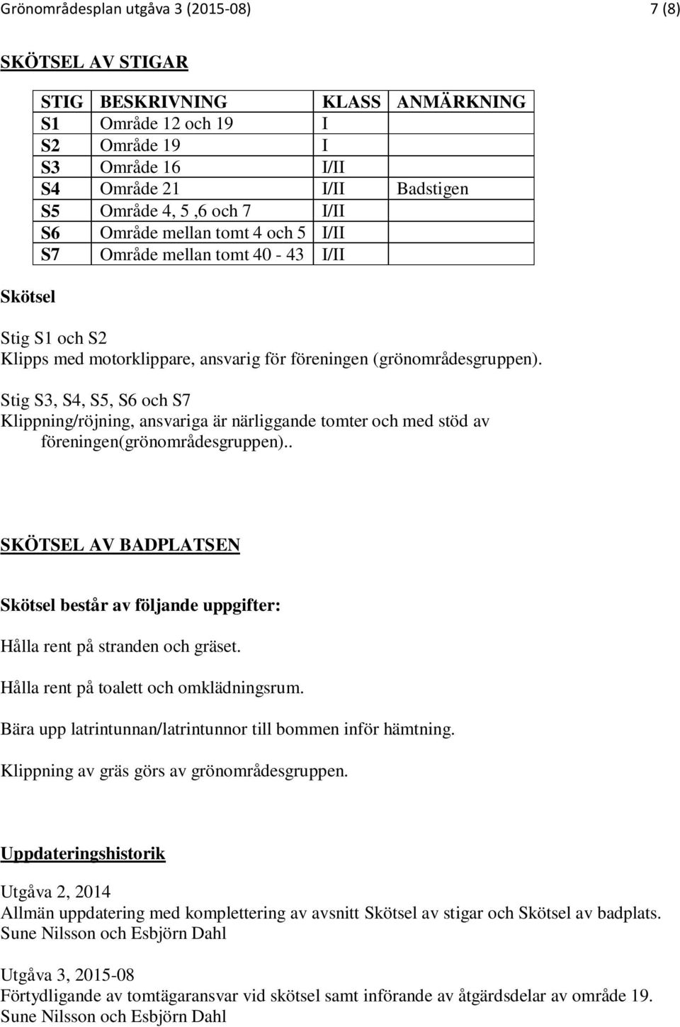 Stig S3, S4, S5, S6 och S7 Klippning/röjning, ansvariga är närliggande tomter och med stöd av föreningen(grönområdesgruppen).