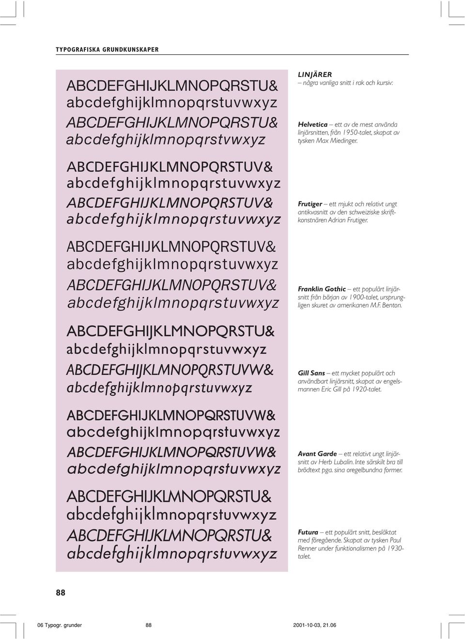 använda linjärsnitten, från 1950-talet, skapat av tysken Max Miedinger. Frutiger ett mjukt och relativt ungt antikvasnitt av den schweiziske skriftkonstnären Adrian Frutiger.