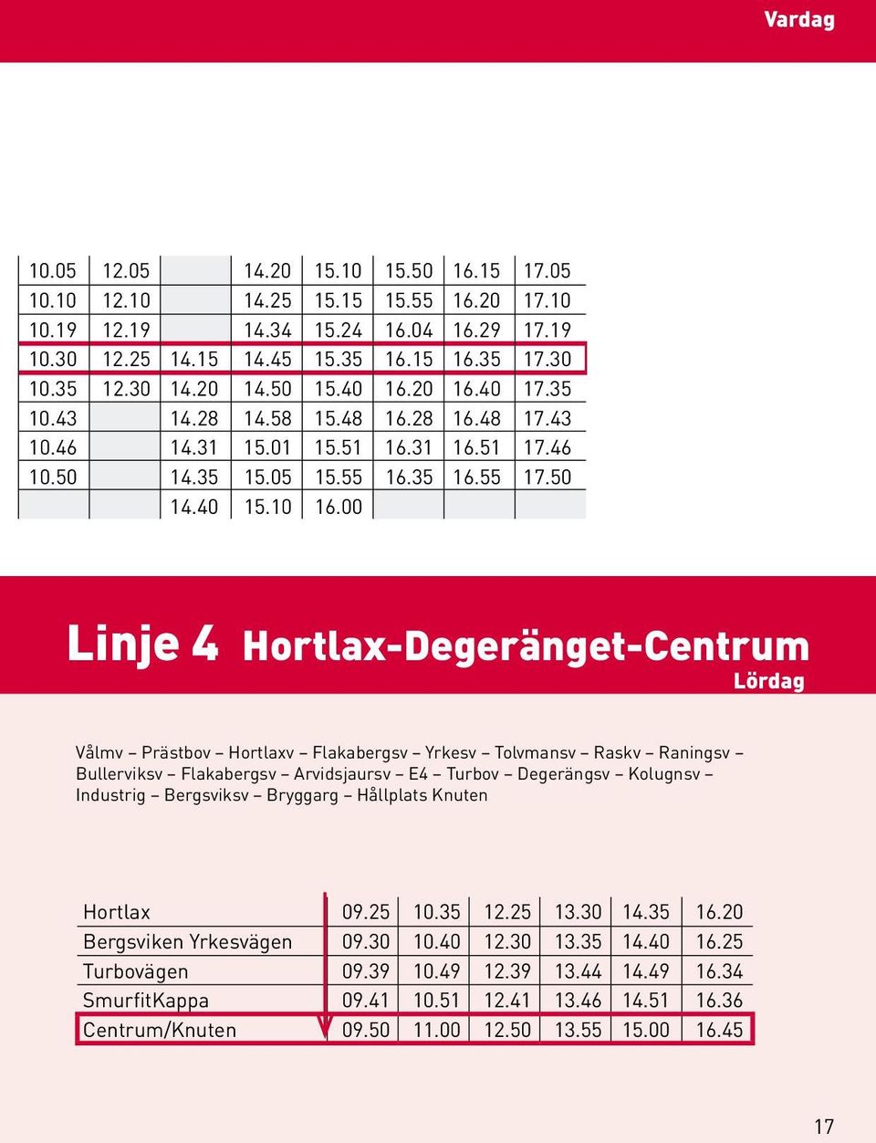 00 Linje 4 Hortlax-Degeränget-Centrum Lördag Vålmv Prästbov Hortlaxv Flakabergsv Yrkesv Tolvmansv Raskv Raningsv Bullerviksv Flakabergsv Arvidsjaursv E4 Turbov Degerängsv Kolugnsv Industrig