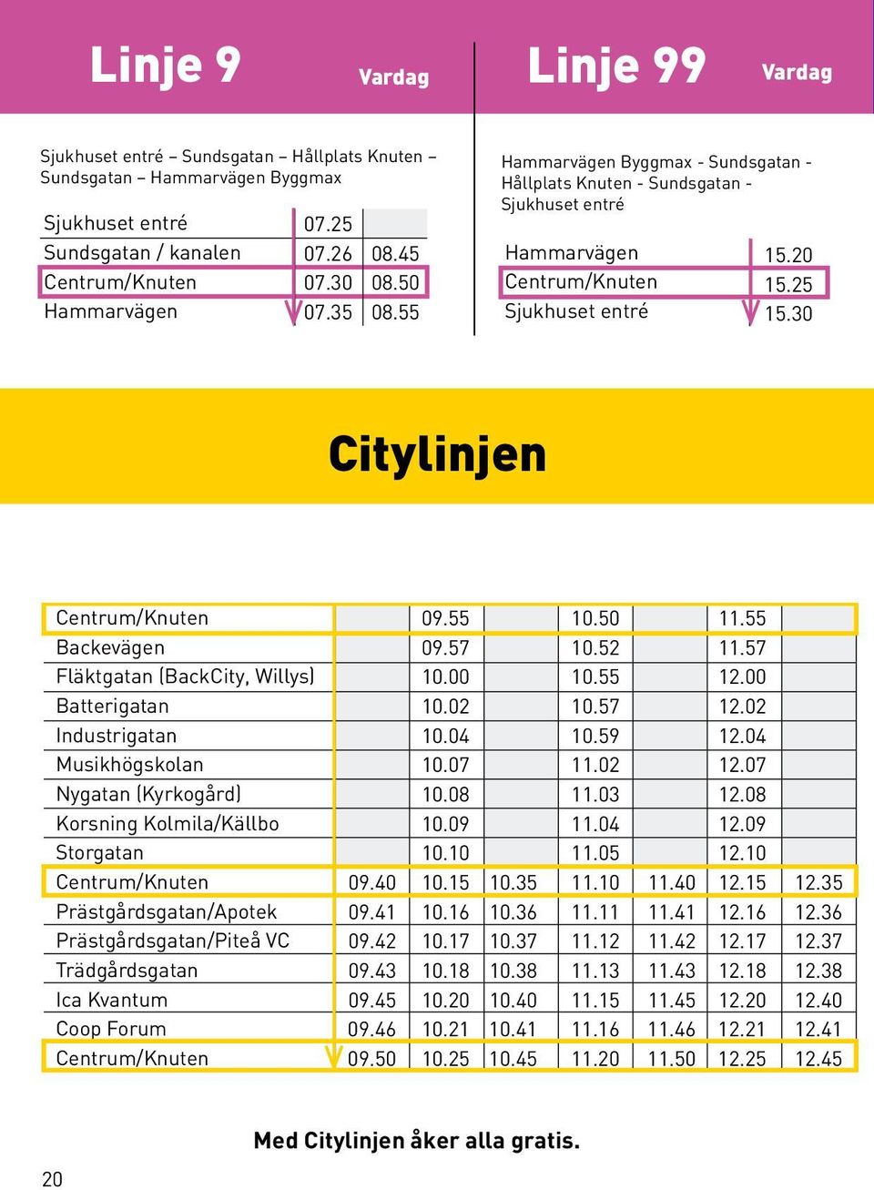 30 Citylinjen Backevägen Fläktgatan (BackCity, Willys) Batterigatan Industrigatan Musikhögskolan Nygatan (Kyrkogård) Korsning Kolmila/Källbo Storgatan Prästgårdsgatan/Apotek Prästgårdsgatan/Piteå VC