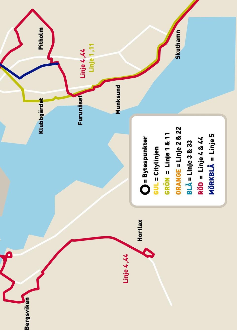 ORANGE = Linje 2 & 22 BLÅ = Linje 3 & 33 RÖD = Linje