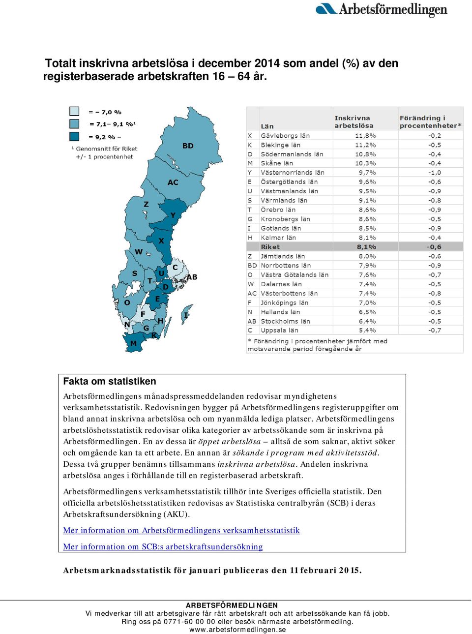 Redovisningen bygger på Arbetsförmedlingens registeruppgifter om bland annat inskrivna arbetslösa och om nyanmälda lediga platser.