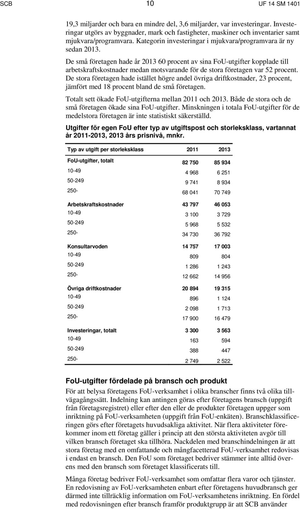 De små företagen hade år 2013 60 procent av sina FoU-utgifter kopplade till arbetskraftskostnader medan motsvarande för de stora företagen var 52 procent.