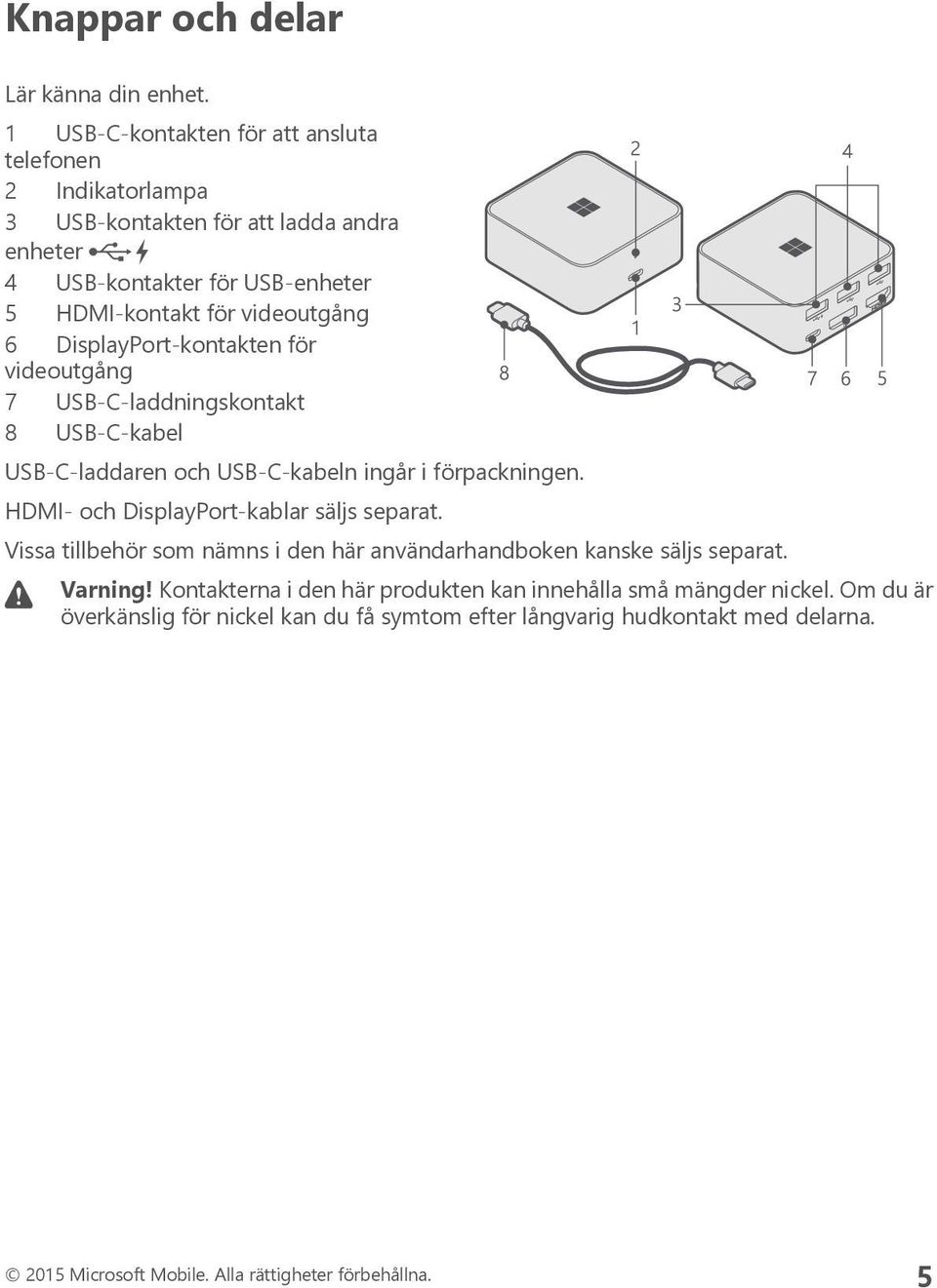 DisplayPort-kontakten för videoutgång 7 USB-C-laddningskontakt 8 USB-C-kabel USB-C-laddaren och USB-C-kabeln ingår i förpackningen.