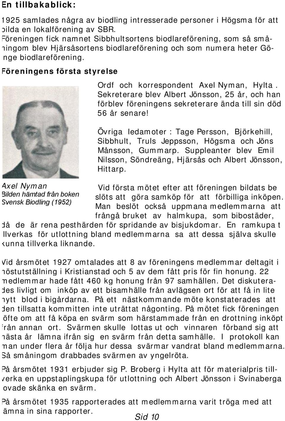 Föreningens första styrelse Axel Nyman Bilden hämtad från boken Svensk Biodling (1952) Ordf och korrespondent Axel Nyman, Hylta.