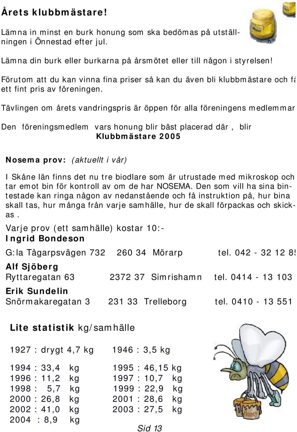 Den föreningsmedlem vars honung blir bäst placerad där, blir Klubbmästare 2005 Nosema prov: (aktuellt i vår) I Skåne län finns det nu tre biodlare som är utrustade med mikroskop och tar emot bin för
