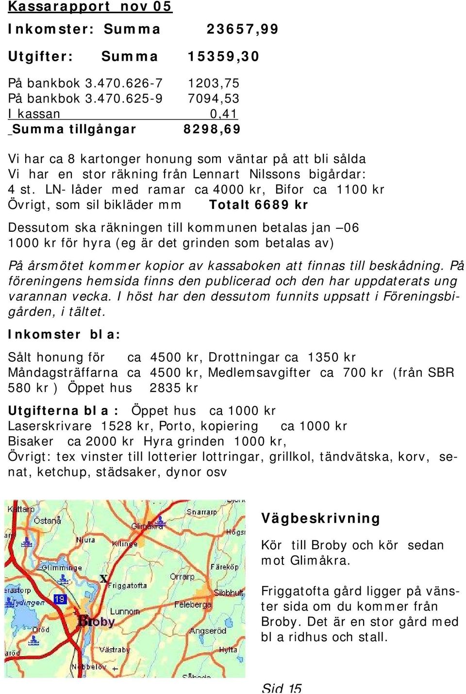 625-9 7094,53 I kassan 0,41 Summa tillgångar 8298,69 Vi har ca 8 kartonger honung som väntar på att bli sålda Vi har en stor räkning från Lennart Nilssons bigårdar: 4 st.