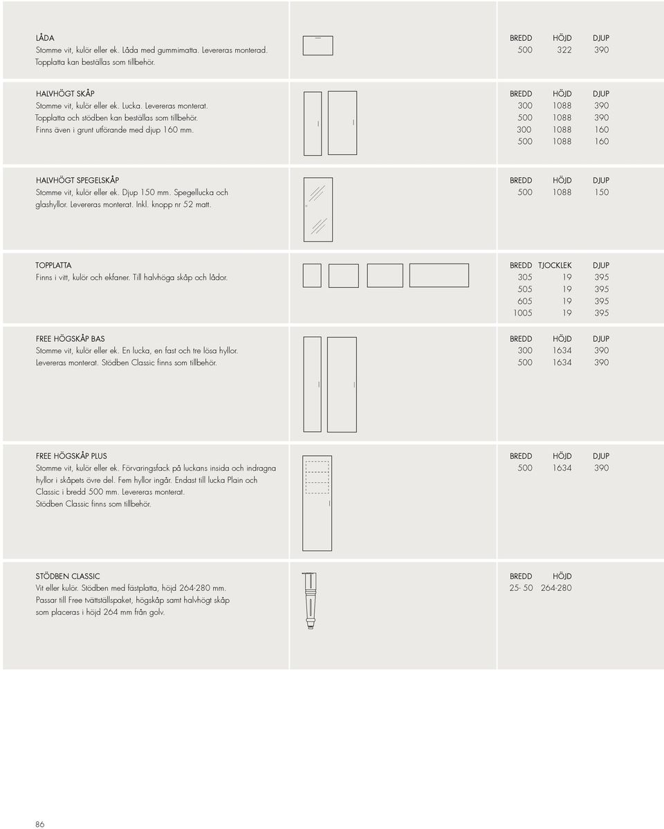 Finns även i grunt utförande med djup 10. 300 1088 390 500 1088 390 300 1088 10 500 1088 10 HALVHÖGT SPEGELSKÅP Stoe vit, kulör eller ek. Djup 150. Spegellucka och glashyllor. Levereras monterat.