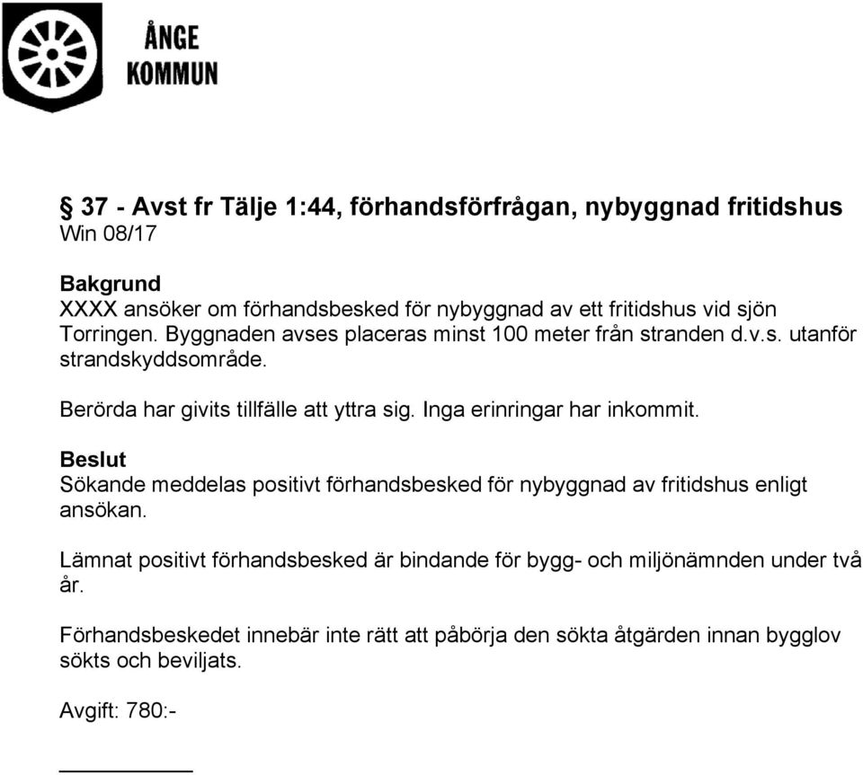 Inga erinringar har inkommit. Beslut Sökande meddelas positivt förhandsbesked för nybyggnad av fritidshus enligt ansökan.