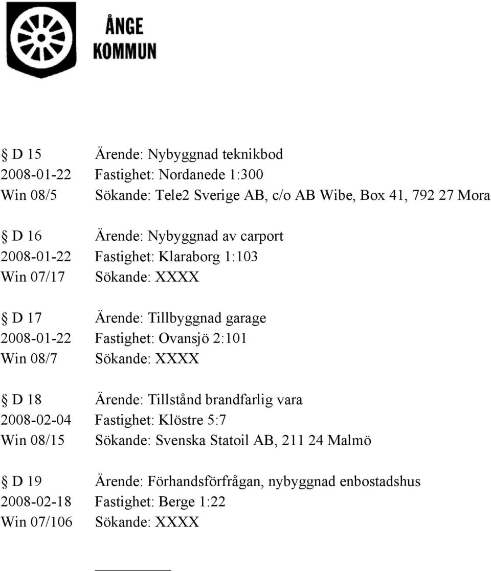 Fastighet: Ovansjö 2:101 Win 08/7 Sökande: XXXX D 18 Ärende: Tillstånd brandfarlig vara 2008-02-04 Fastighet: Klöstre 5:7 Win 08/15 Sökande: