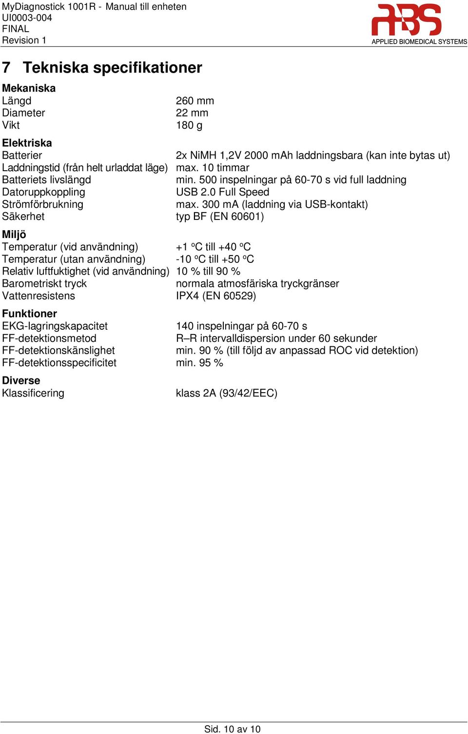 300 ma (laddning via USB-kontakt) Säkerhet typ BF (EN 60601) Miljö Temperatur (vid användning) +1 o C till +40 o C Temperatur (utan användning) -10 o C till +50 o C Relativ luftfuktighet (vid