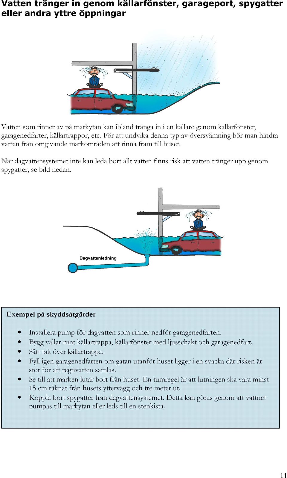 När dagvattensystemet inte kan leda bort allt vatten finns risk att vatten tränger upp genom spygatter, se bild nedan.