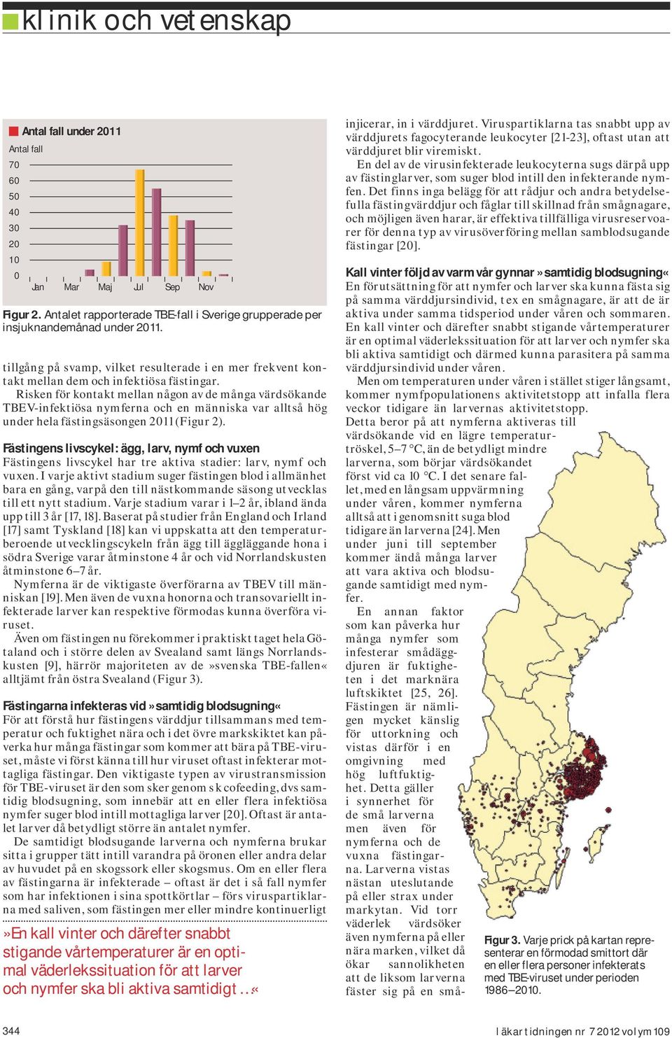 Risken för kontakt mellan någon av de många värdsökande TBEV-infektiösa nymferna och en människa var alltså hög under hela fästingsäsongen 2011 (Figur 2).