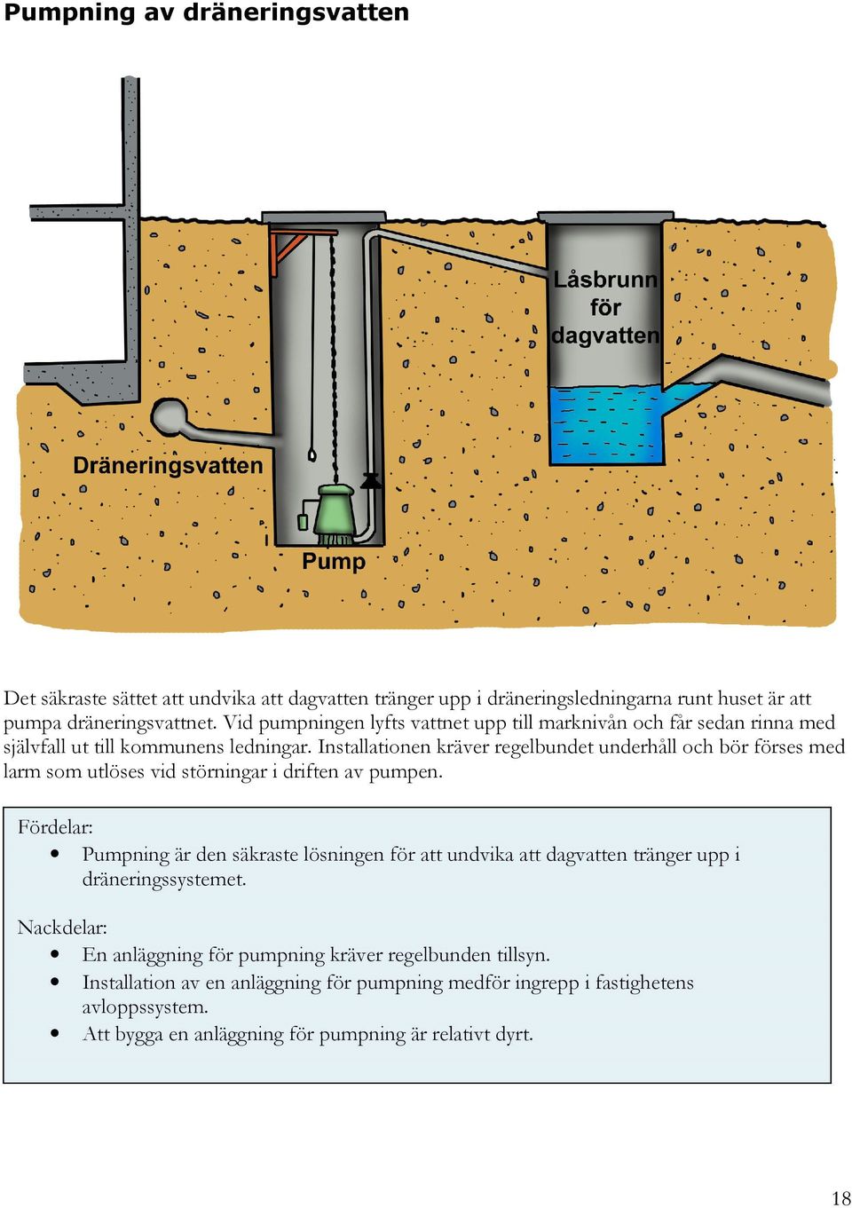 Installationen kräver regelbundet underhåll och bör förses med larm som utlöses vid störningar i driften av pumpen.