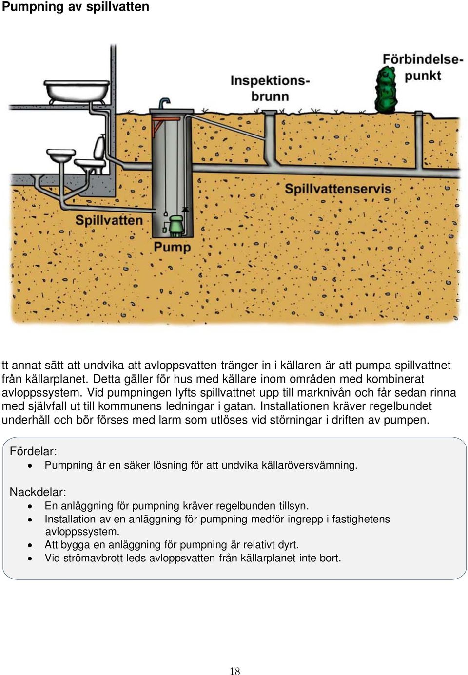 Installationen kräver regelbundet underhåll och bör förses med larm som utlöses vid störningar i driften av pumpen. Fördelar: Pumpning är en säker lösning för att undvika källaröversvämning.