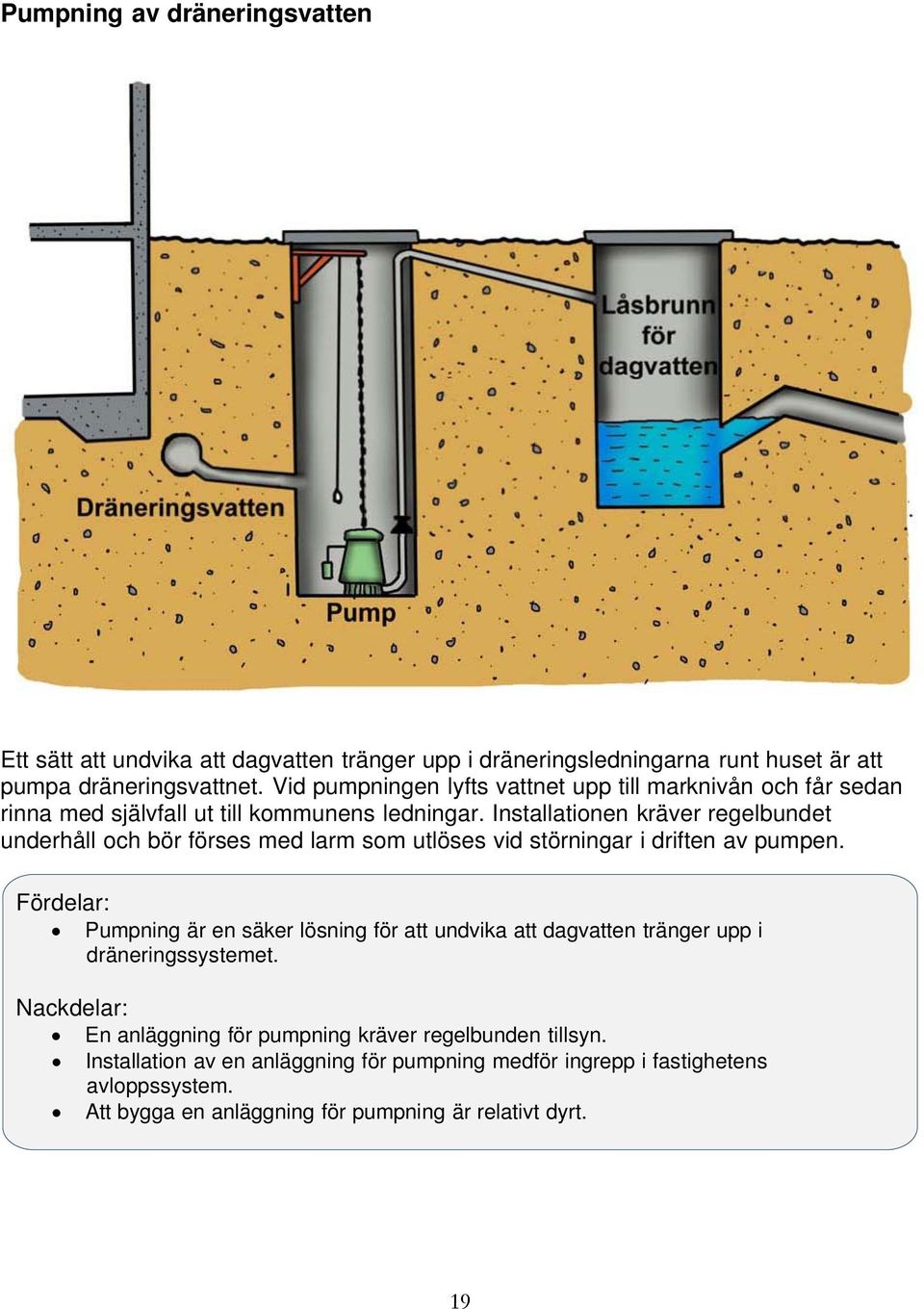 Installationen kräver regelbundet underhåll och bör förses med larm som utlöses vid störningar i driften av pumpen.