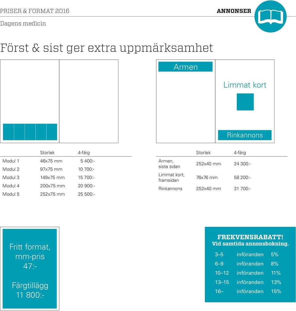 Storlek 4-färg 252x40 mm 24 300:- 76x76 mm 58 200:- Rinkannons 252x40 mm 31 700:- Fritt format, mm-pris 47:- Färgtillägg 11 800:-