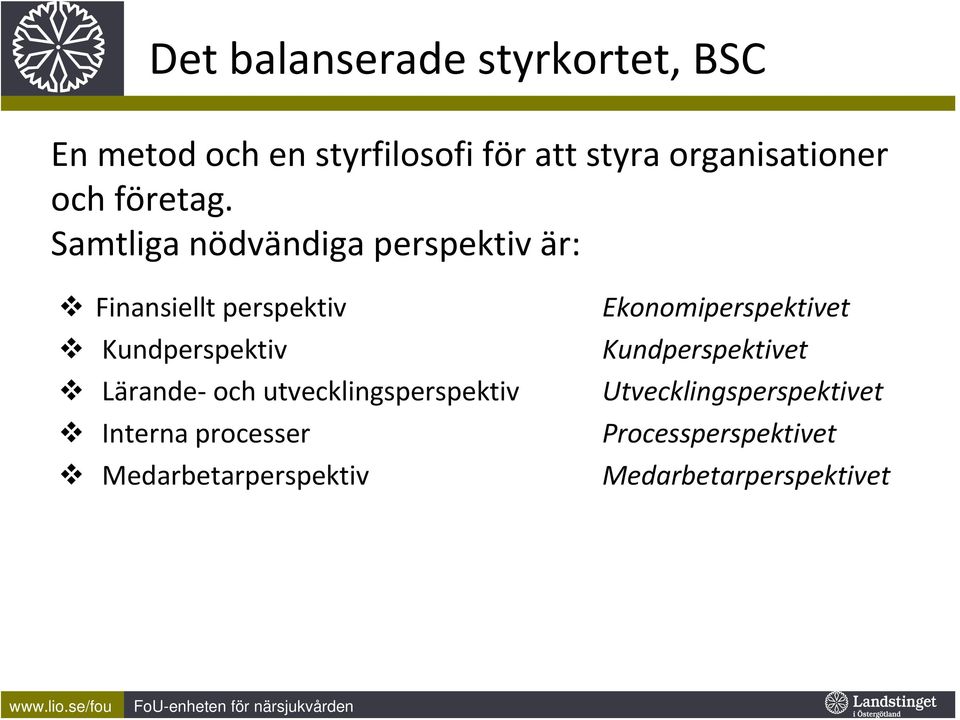 Samtliga nödvändiga perspektiv är: Finansiellt perspektiv Kundperspektiv Lärande och