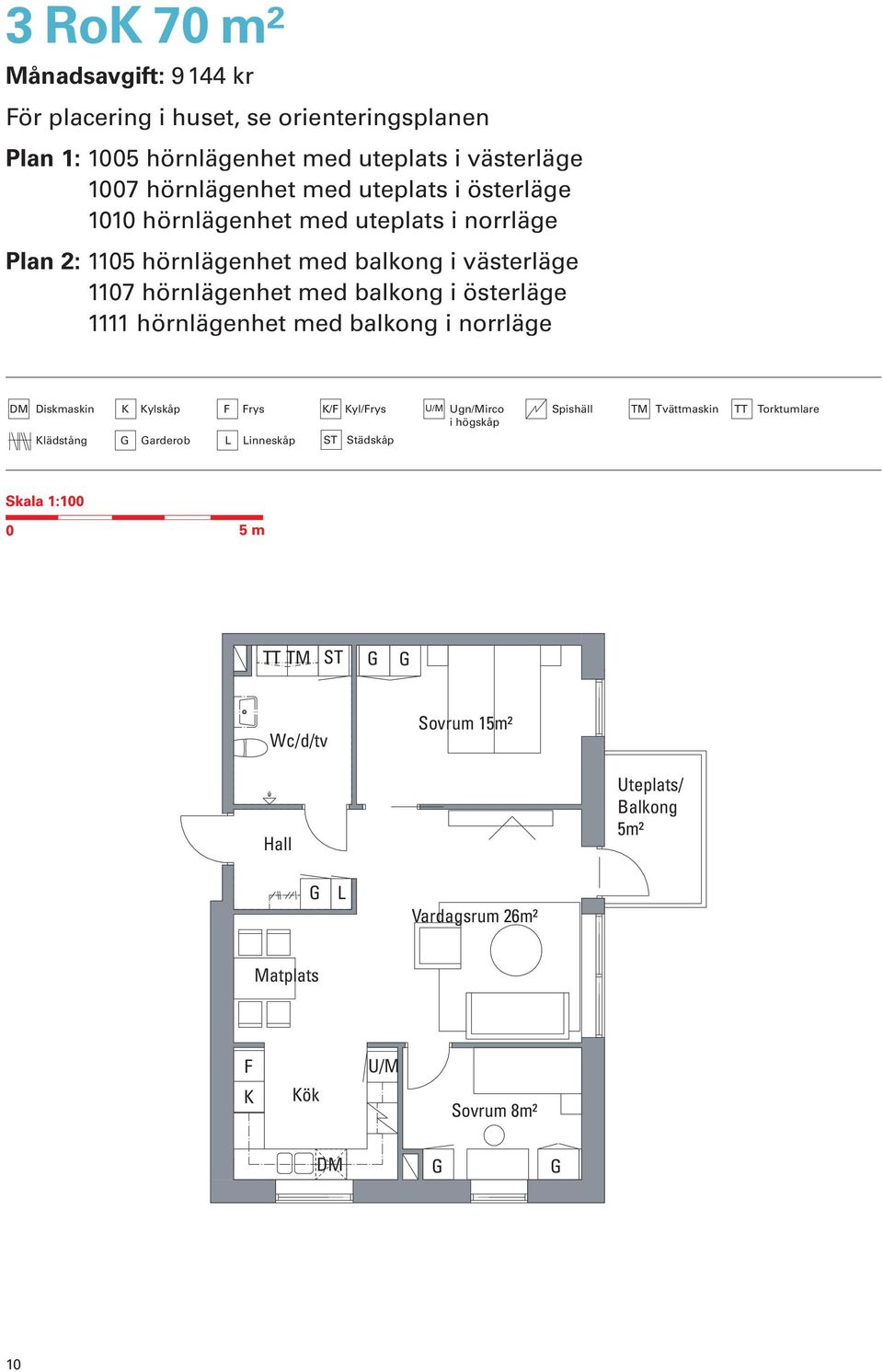 österläge 1111 hörnlägenhet med balkong i norrläge DM Diskmaskin Klädstång K Kylskåp F Frys K/F Kyl/Frys U/M Ugn/Mirco i högskåp arderob L Linneskåp ST