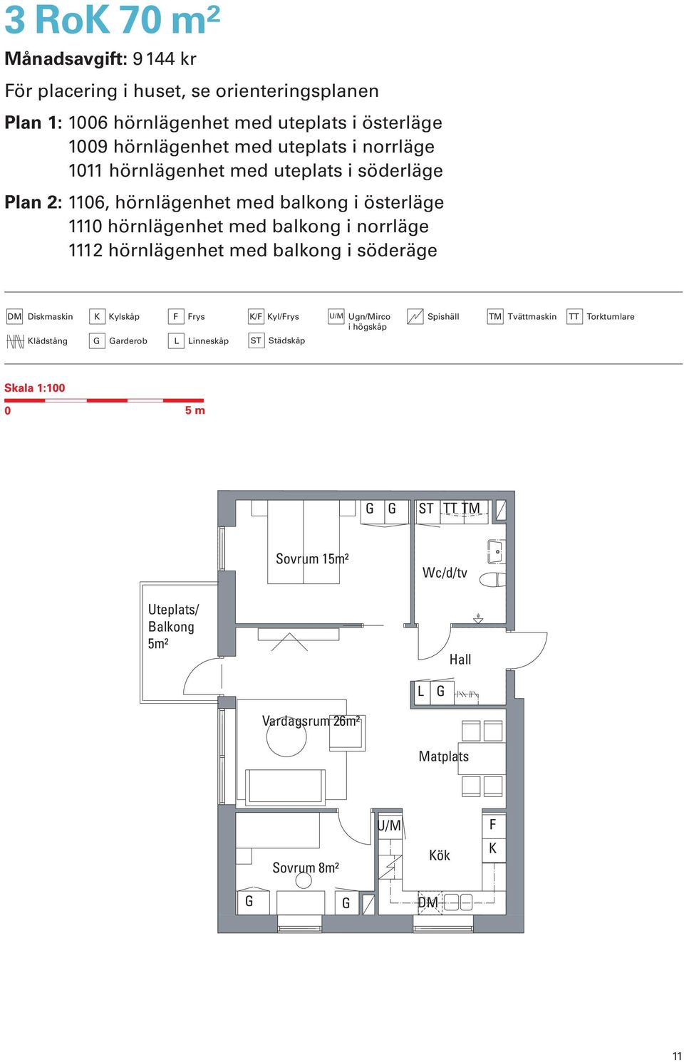 norrläge 1112 hörnlägenhet med balkong i söderäge DM Diskmaskin Klädstång K Kylskåp F Frys K/F Kyl/Frys U/M Ugn/Mirco i högskåp arderob L Linneskåp ST