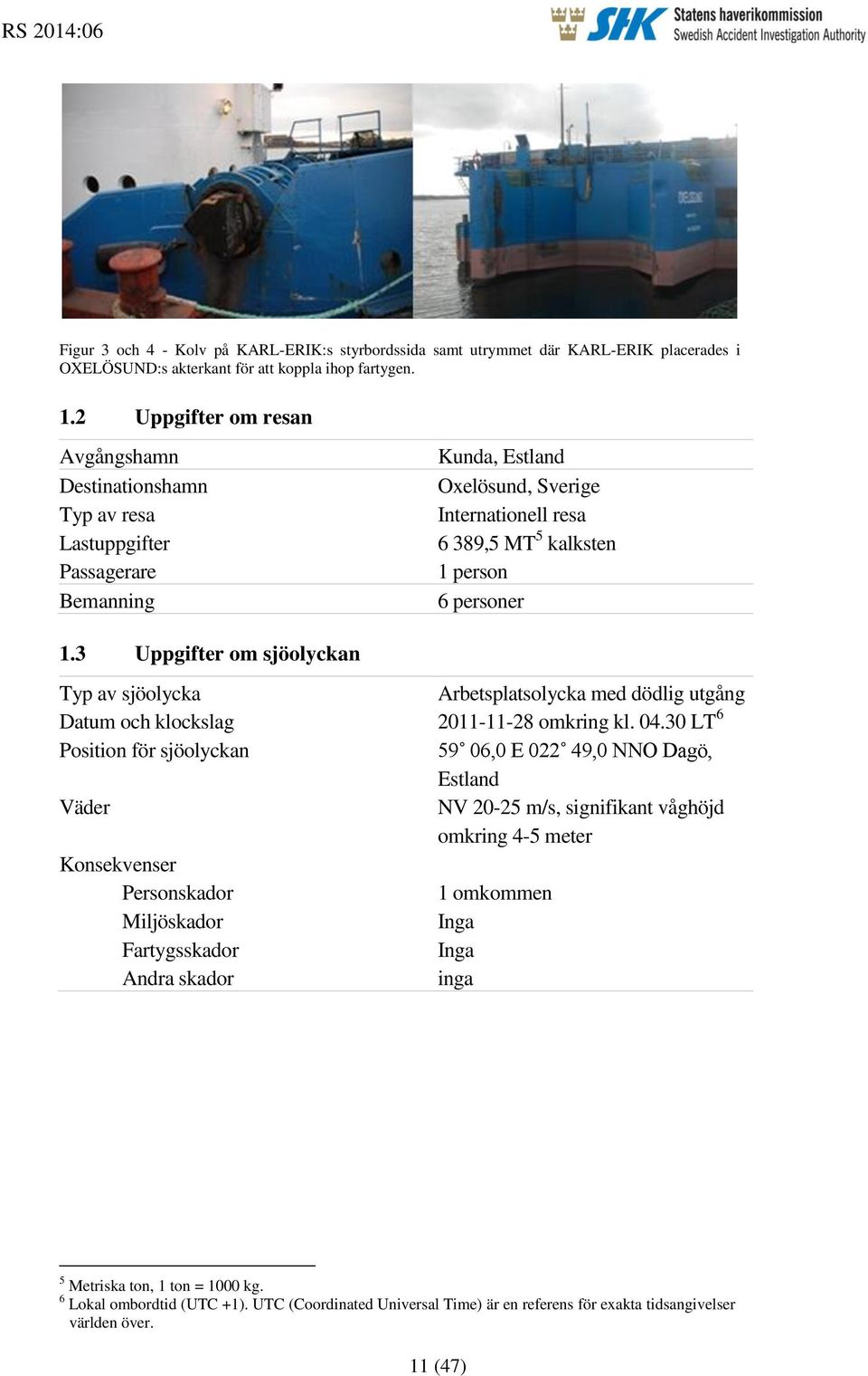 3 Uppgifter om sjöolyckan Typ av sjöolycka Arbetsplatsolycka med dödlig utgång Datum och klockslag 2011-11-28 omkring kl. 04.