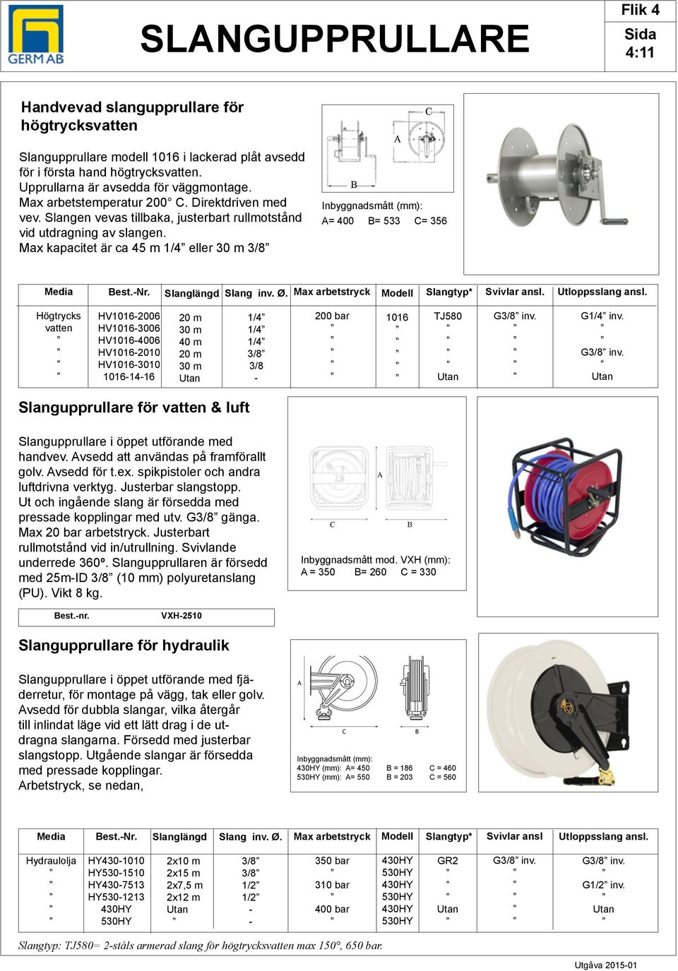 Max kapacitet är ca 45 m 1/4 eller 3/8 Inbyggnadsmått (mm): = 400 = 533 = 356 Media est.-nr. Slanglängd Slang inv. Ø. Max arbetstryck Modell Svivlar ansl. Utloppsslang ansl.