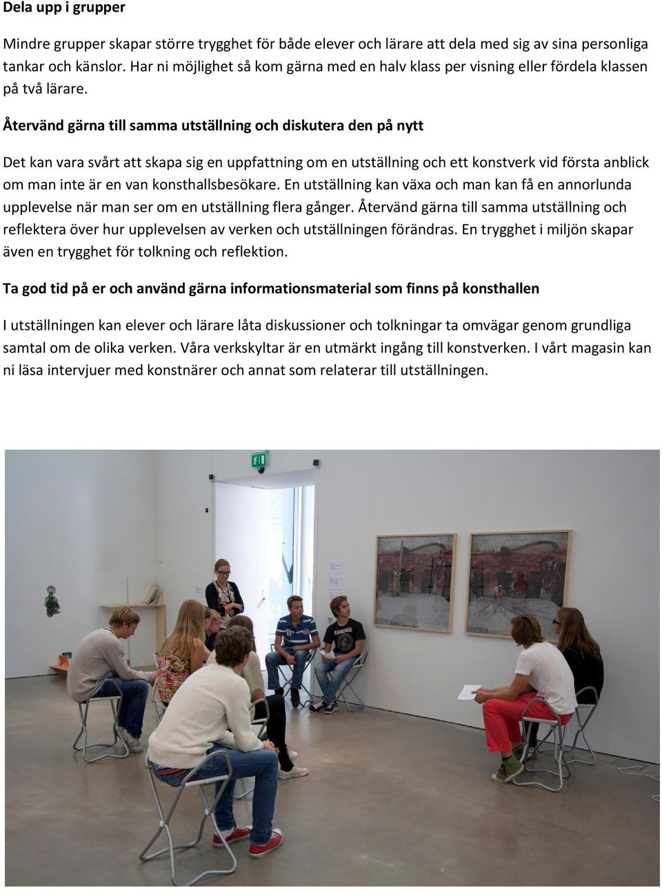 Återvänd gärna till samma utställning och diskutera den på nytt Det kan vara svårt att skapa sig en uppfattning om en utställning och ett konstverk vid första anblick om man inte är en van