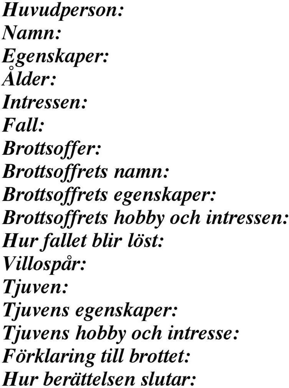 intressen: Hur fallet blir löst: Villospår: Tjuven: Tjuvens egenskaper: