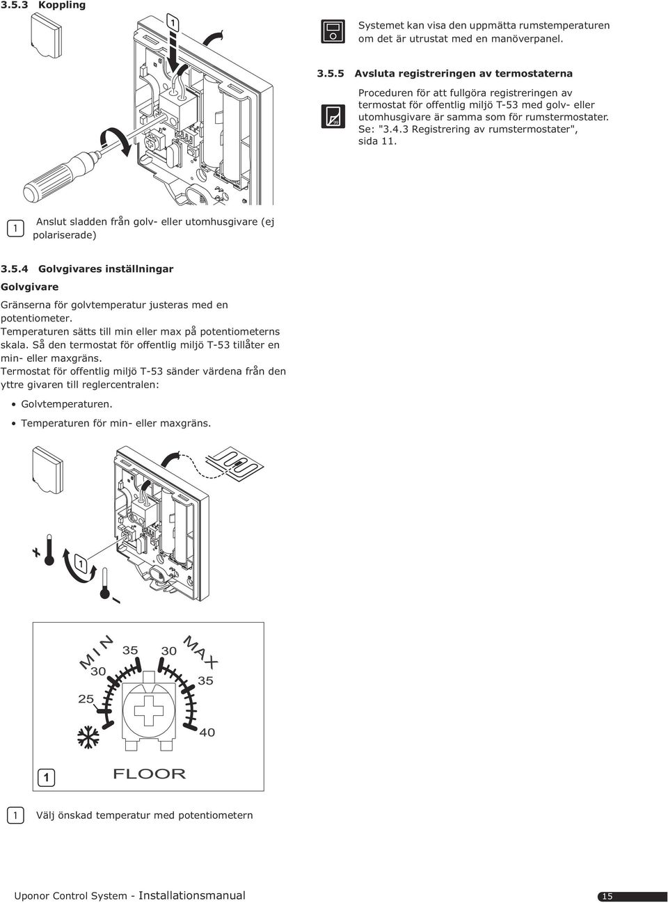 4 Golvgivares inställningar Golvgivare Gränserna för golvtemperatur justeras med en potentiometer. Temperaturen sätts till min eller max på potentiometerns skala.