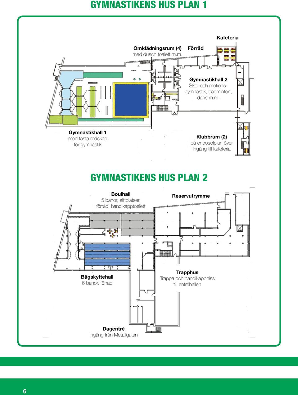 GYMNASTIKENS HUS PLAN 2 Boulhall 5 banor, sittplatser, förråd, handikapptoalett Reservutrymme Bågskyttehall 6