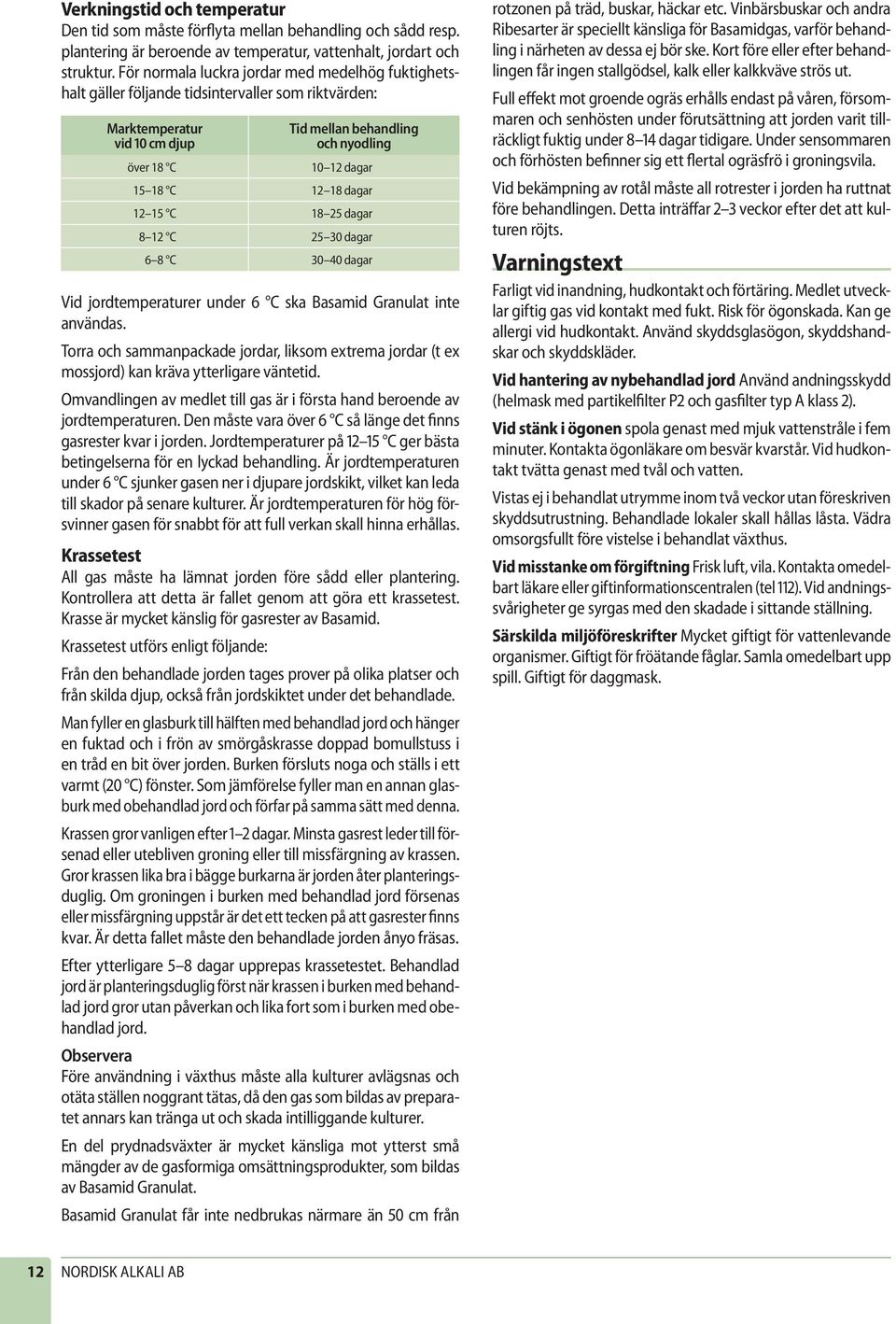 18 dagar 12 15 C 18 25 dagar 8 12 C 25 30 dagar 6 8 C 30 40 dagar Vid jordtemperaturer under 6 C ska Basamid Granulat inte användas.