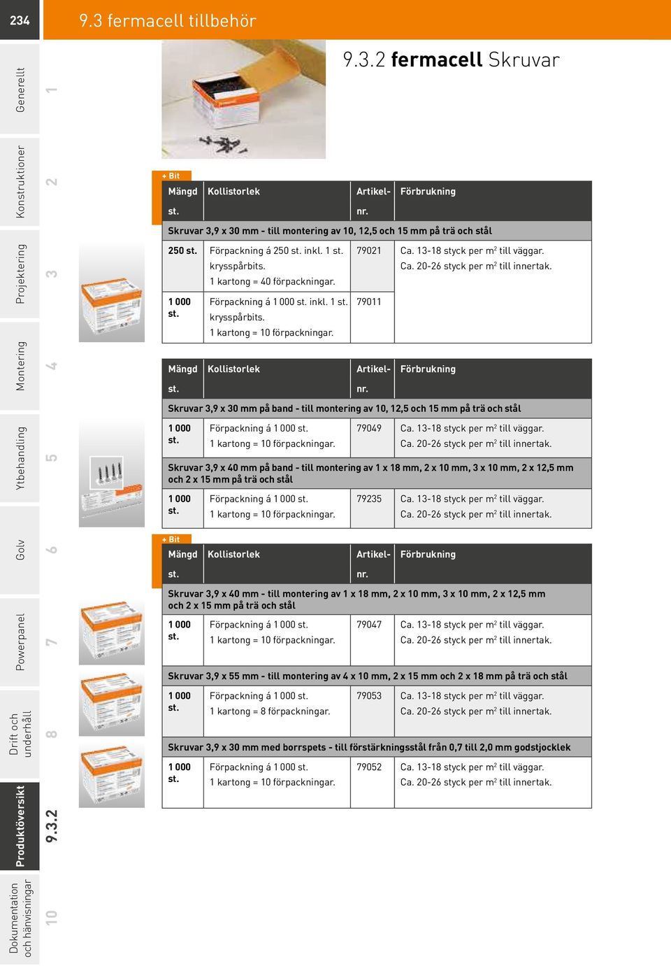 1 kartong = 10 förpackningar. st. Skruvar 3,9 x 30 mm på band - till montering av 10, 12,5 och 15 mm på trä och stål 1 000 st. Förpackning á 1 000 st. 1 kartong = 10 förpackningar. 79049 Ca.