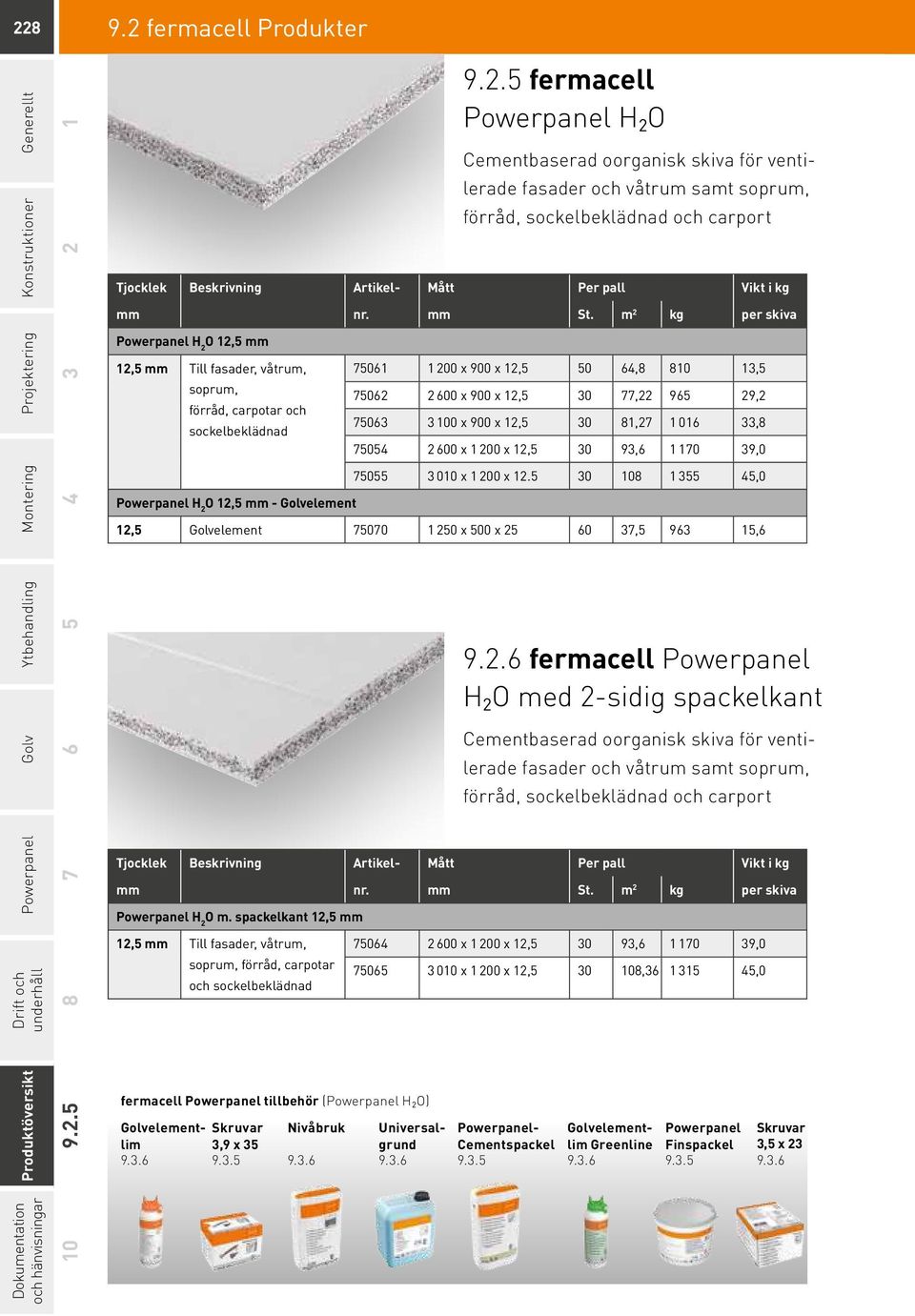 m 2 kg per skiva Powerpanel H 2 O 12,5 mm 12,5 mm Till fasader, våtrum, soprum, förråd, carpotar och sockelbeklädnad Powerpanel H 2 O 12,5 mm - Golvelement 75061 1 200 x 900 x 12,5 50 64,8 810 13,5