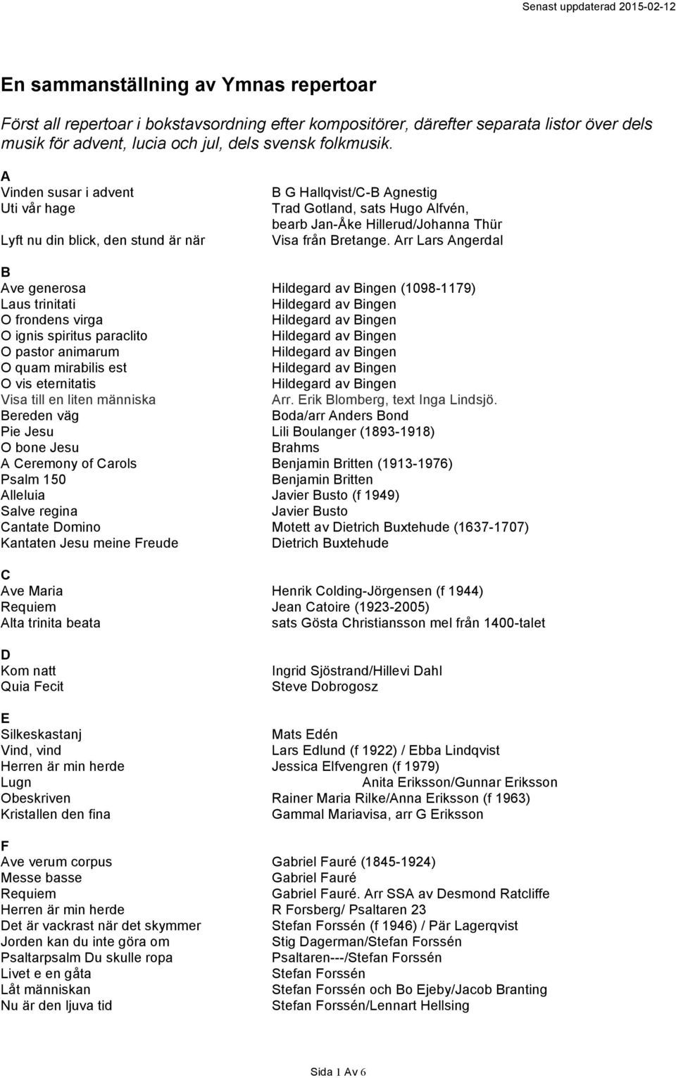 Arr Lars Angerdal B Ave generosa (1098-1179) Laus trinitati O frondens virga O ignis spiritus paraclito O pastor animarum O quam mirabilis est O vis eternitatis Visa till en liten människa Arr.