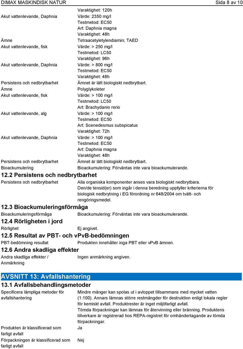 2 Persistens och nedbrytbarhet Persistens och nedbrytbarhet Varaktighet: 120h Värde: 2350 mg/l Art: Daphnia magna Varaktighet: 48h Tetraacetyletylendiamin; TAED Värde: > 250 mg/l Testmetod: LC50