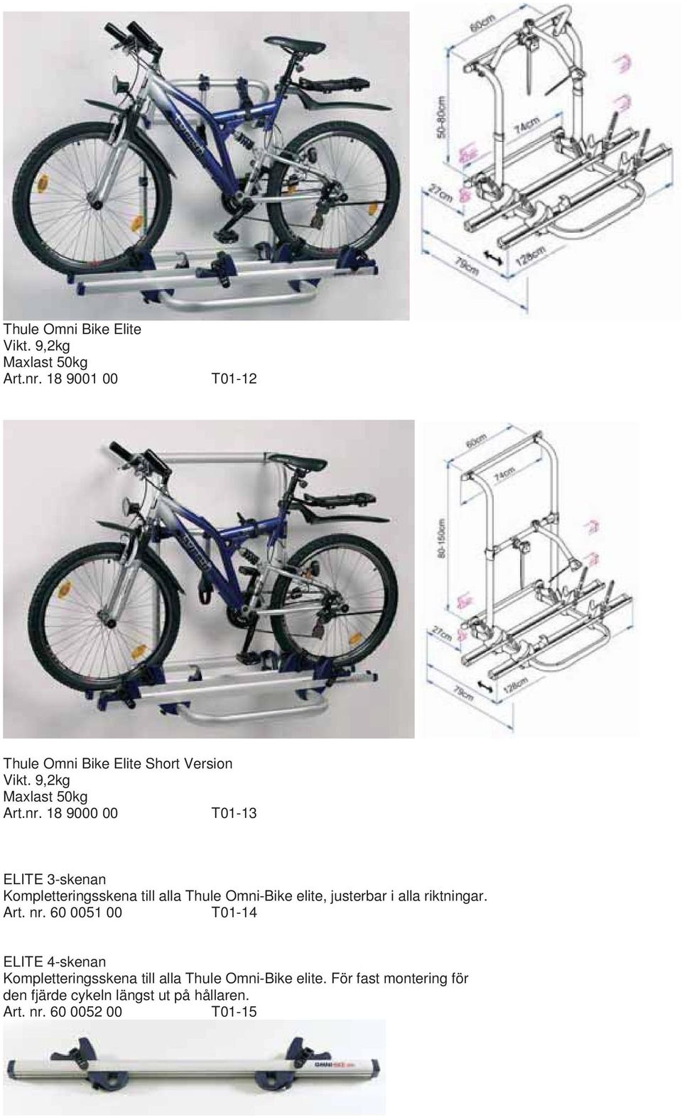 18 9000 00 T01-13 ELITE 3-skenan Kompletteringsskena till alla Thule Omni-Bike elite, justerbar i alla