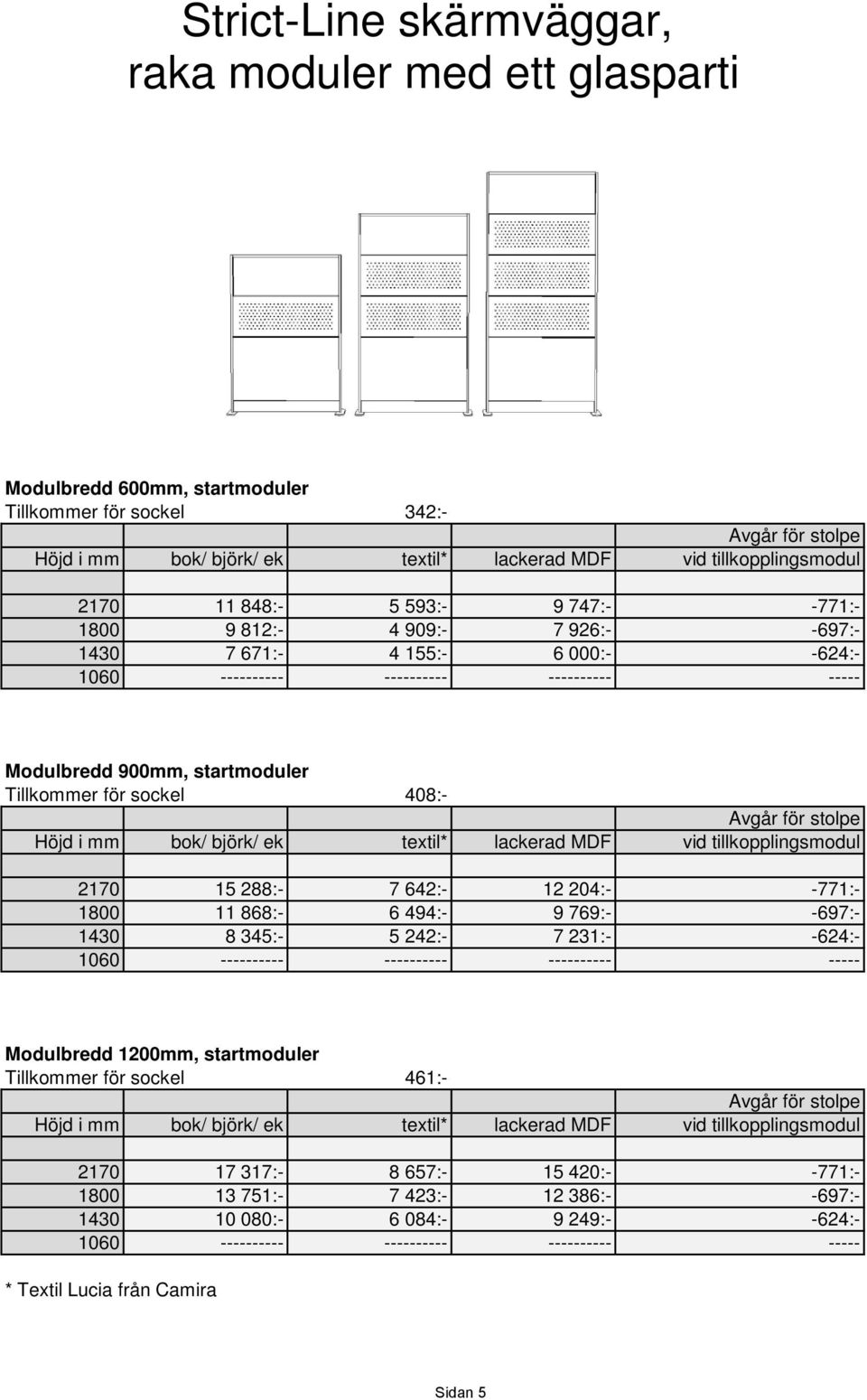 1800 11 868:- 6 494:- 9 769:- -697:- 1430 8 345:- 5 242:- 7 231:- -624:- 1060 ---------- ---------- ---------- ----- Modulbredd 1200mm, startmoduler Tillkommer för sockel 461:- 2170